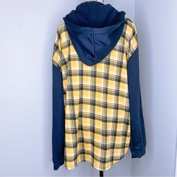 Mik Mesh Plaid Button Down Faux Sherpa Hoodie in Yellow Navy Blue Size 3XL - Picture 10 of 16